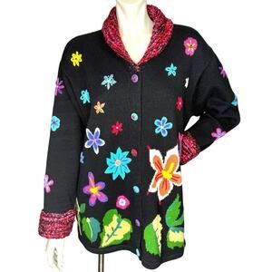 Vintage HSN Storybook Knits Cardigan Sweater 1X Flower Garden Applique Black 90s